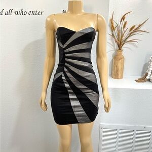 Cache VTG Y2K Size 2 Strapless Black Silver Holiday Taffeta Cocktail Tube Dress